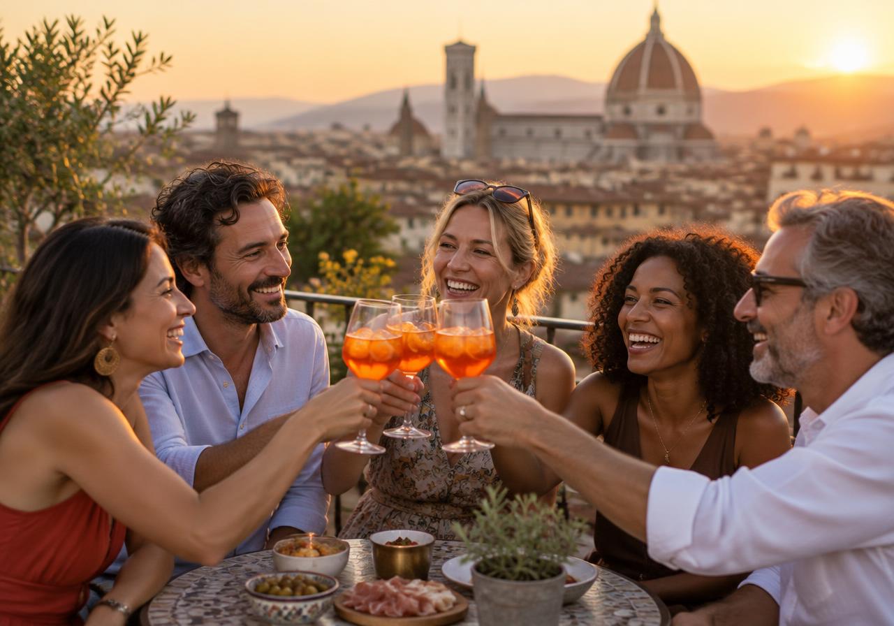 Un gruppo di amici si incontra su una terrazza al tramonto